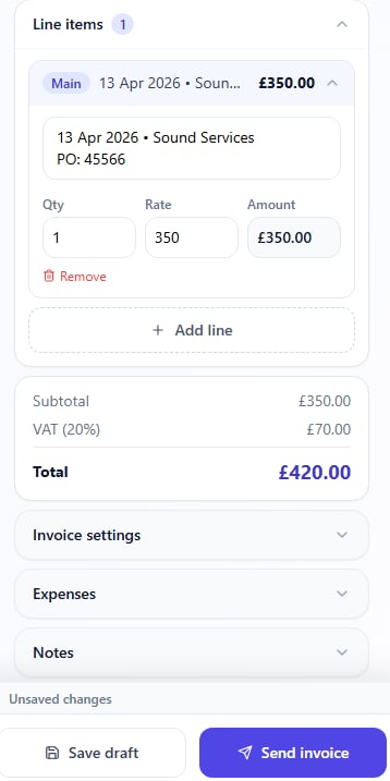 CrewSynk on a phone — an invoice built from a booked job, ready to send